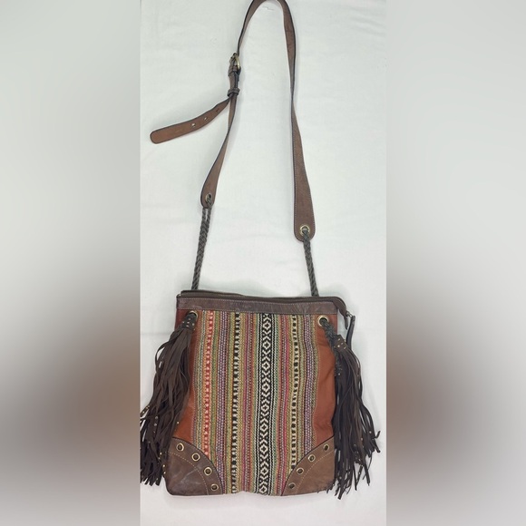 Firenze Bella Cross Body Aztec Tapestry & Leather Tassel Stud Detail Handbag - Picture 3 of 10